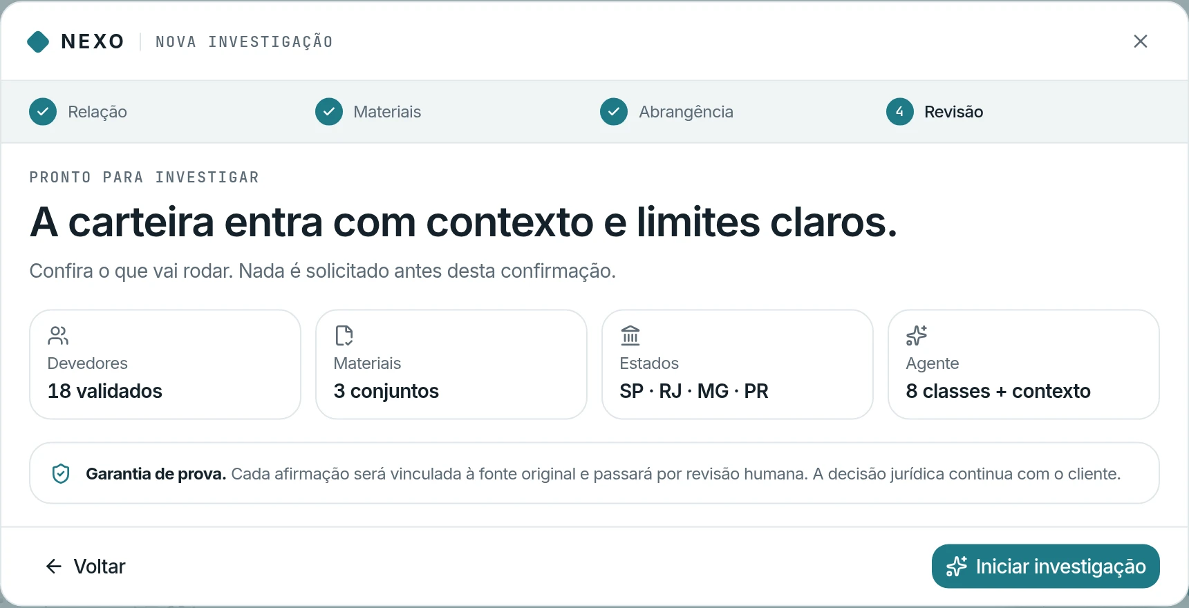 Etapa 4 do diálogo Nova investigação: o resumo com devedores, materiais, estados e a garantia de prova.